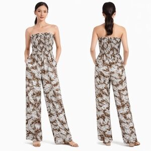 NWT Kori  Palm Leaf Jumpsuit Camel Brown Smocked Pockets Boho Tropical Size M